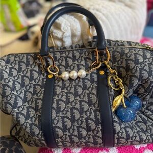 Christian Dior Boston Diorissimo Bag Blue Canvas Gold Embellishments.